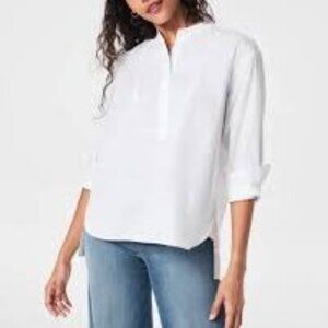 Spanx Women Size Medium Lavender Bibbed Tuxedo Cotton Poplin Button Front Shirt